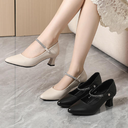 丁摩 真皮中跟鞋女新款春秋季百搭牛皮尖头细跟单鞋女鞋5ZF-17168 商品图0