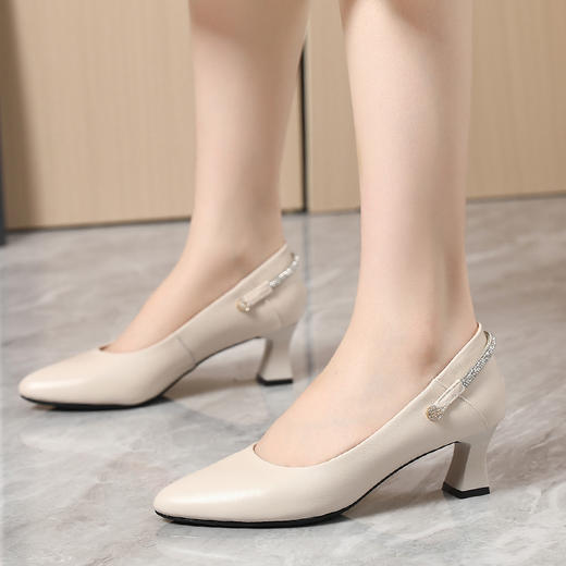 丁摩 真皮中跟鞋女新款春秋季百搭牛皮尖头细跟单鞋女鞋5ZF-17168 商品图1