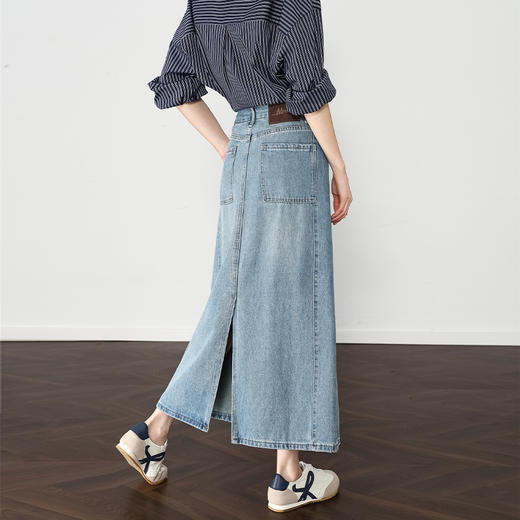 西遇水洗牛仔半身裙女新款浅蓝色小个子a字高腰长裙D0050443 商品图4