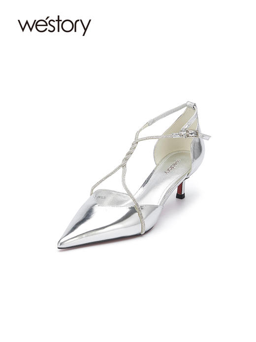 westory春季新款细高跟交叉系带尖头优雅舒适后空鞋W24AH56851 商品图8