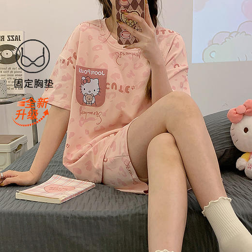 【免穿bra！居家&待客都方便】睡衣女夏季带胸垫一体式可爱两件套装休闲卡通简约家居服短袖短裤。ry 商品图12