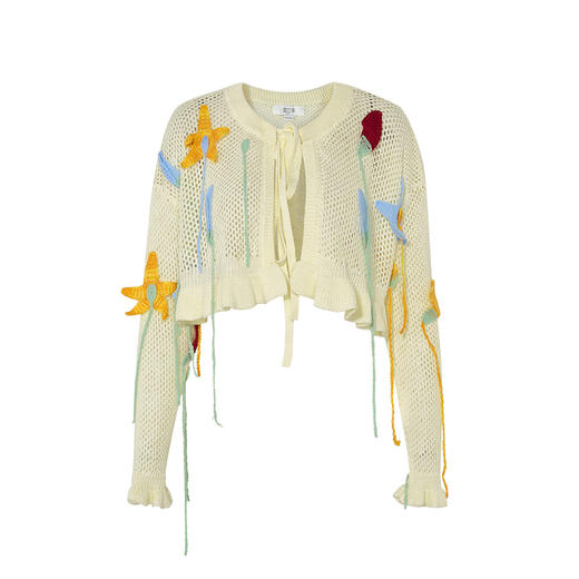 两三事 新芽之花 2025春季新款立体勾花绑带镂空针织开衫女短款 商品图4