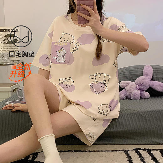 【免穿bra！居家&待客都方便】睡衣女夏季带胸垫一体式可爱两件套装休闲卡通简约家居服短袖短裤。ry 商品图5