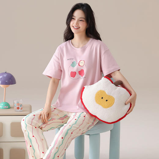 25年夏季新款女士圆领全棉家居服  可外穿纯棉短袖长裤套头睡衣 商品图1