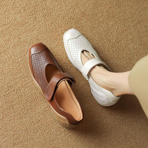 【预售5天】软羊皮魔术贴玛丽珍女鞋，平底镂空不累脚洞洞休闲单鞋ASZ-W059-1 商品图0