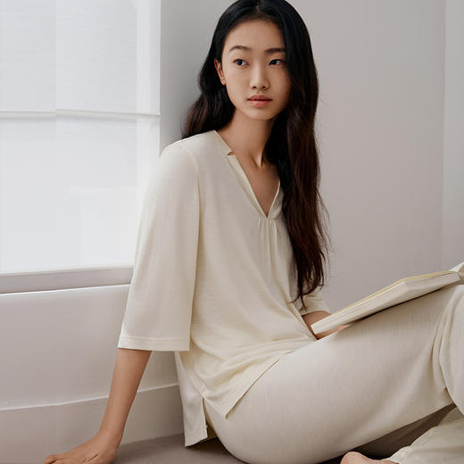 真丝睡衣女100%蚕丝V领七分袖宽松舒适家居服套装衣裤套金三塔  YZFFB201 商品图3
