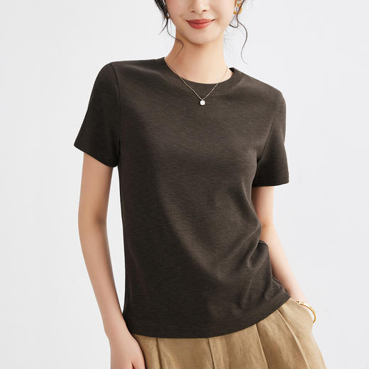 丁摩 圆领纯色百搭重磅竹节雪花棉t恤女新款基础款正肩弹力上衣女5ZF-M677 商品图5
