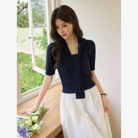 【限时秒杀】复古小众设计绑带V领短款短袖T恤女薄款针织衫V0450193