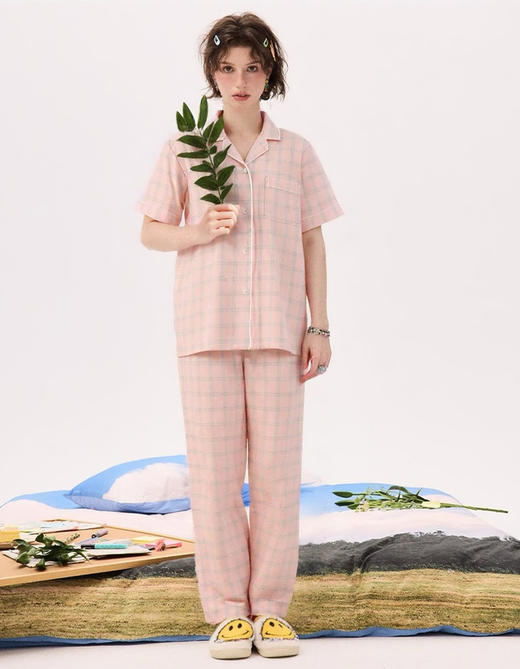 【全棉双层纱】全棉双层纱家居服 无侧缝棉质双层纱短袖长裤可外穿男女情侣睡衣裤套装 商品图2