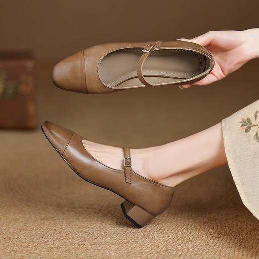 【预售5天】3.5cm水洗牛皮~新款真皮单鞋，中跟小皮鞋粉色法式复古玛丽珍鞋子ASZ-5-576 商品图0