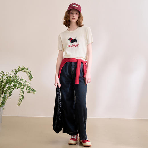 【限时秒杀】西遇短袖针织衫女新款小狗图案软糯套头圆领短款上衣D0050401 商品图1