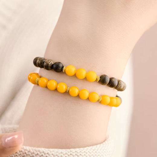 半山半水沉香木鸡油黄蜜蜡双圈手串6mm  叠戴珠串手链自然雅致一物一证 商品图1