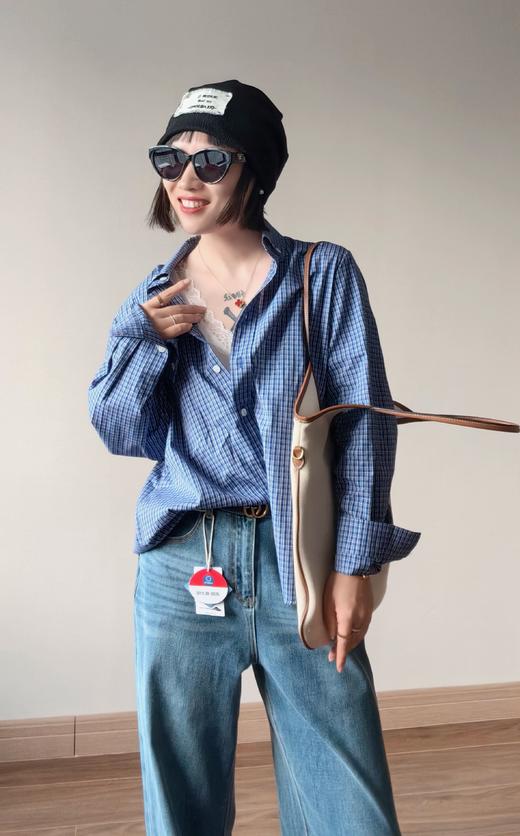 miu家精细小格子精梳棉小白扣文雅百搭衬衫 商品图2