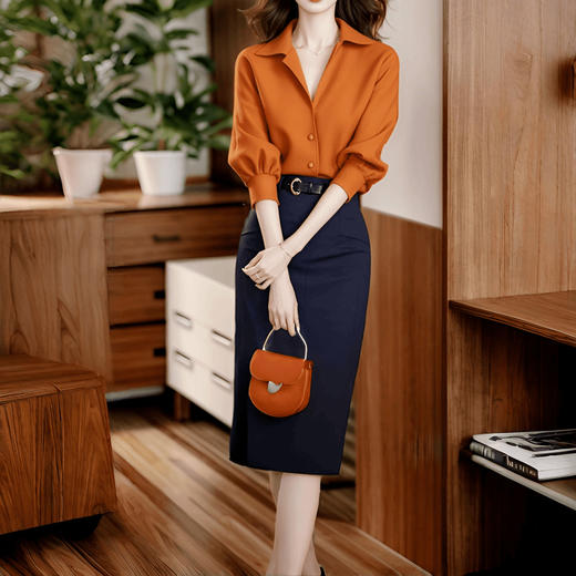炸街减龄时尚高级感，显白橘色衬衫半身裙套装LJX-878 商品图1