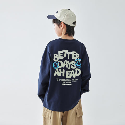 【代发】男款纯色印花长袖T恤 蓝汽水童装男童上衣字母趣味笑脸印花宽松圆领卫衣 商品图4