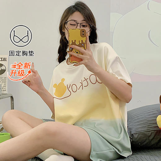 【免穿bra！居家&待客都方便】睡衣女夏季带胸垫一体式可爱两件套装休闲卡通简约家居服短袖短裤。ry 商品图7