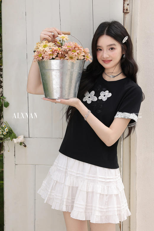 鹿向南 「蕾丝花语」25年设计蕾丝花边T恤L53628 商品图5