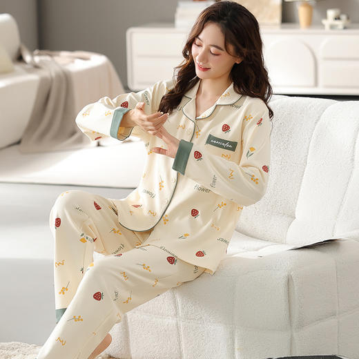 【免穿文胸，休闲无感家居服！】带胸垫睡衣女士 春秋季新款 棉质长袖开衫 宽松甜美家居服套装 可外穿-QQ 商品图5
