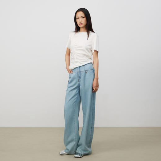 lost in echo2025春夏新款修身独特抽褶圆领高级醋酸短袖T恤上衣 商品图0