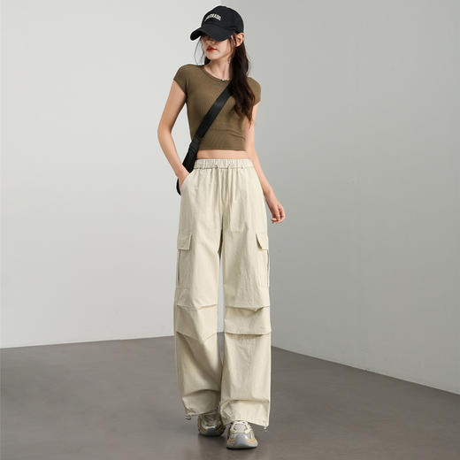 西遇白色工装裤女新款松紧腰美式酷飒风高腰直筒休闲裤D0050454 商品图1