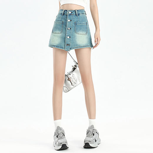 罗蒙夏季女士牛仔高腰显瘦半身裙遮肉舒适拼接短裤时尚百搭短裙 商品图1