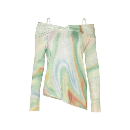 两三事 极光飞行 2025春季新款花色不对称下摆扭结一字肩针织衫女 商品图4