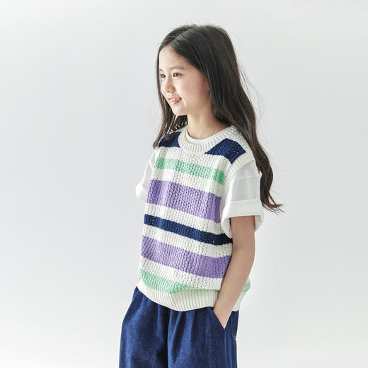 【代发】女款彩色条纹背心 棵初童装撞色针织背心马甲女童叠穿彩色条纹坎肩 商品图2