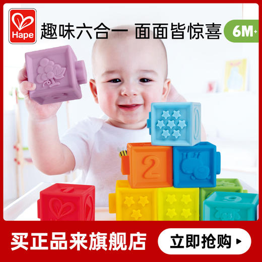Hape(德国)婴儿童拼插玩具软胶浮雕积木大颗粒六面体男女孩礼物E8365 商品图0
