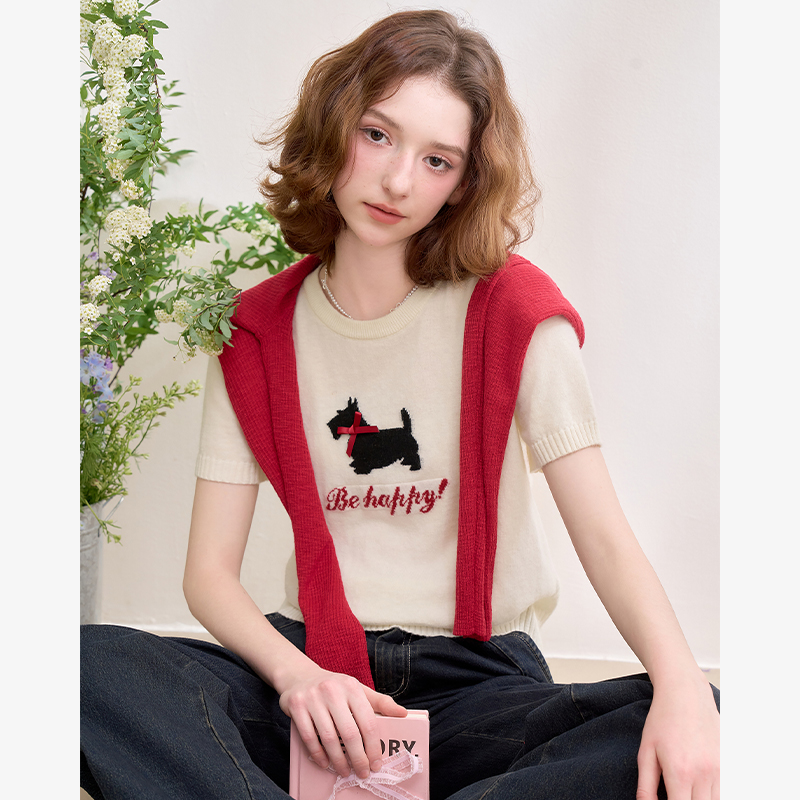 【限时秒杀】西遇短袖针织衫女新款小狗图案软糯套头圆领短款上衣D0050401