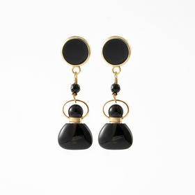 MELI&MOLI 【水】黑耀石迷你福袋瓶黑玛瑙圆片耳钉  【D类】