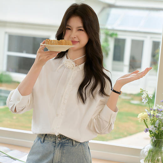 纯棉简约设计感文艺风拼接花边圆领衬衫女设计感衬衣V0450099 商品图2