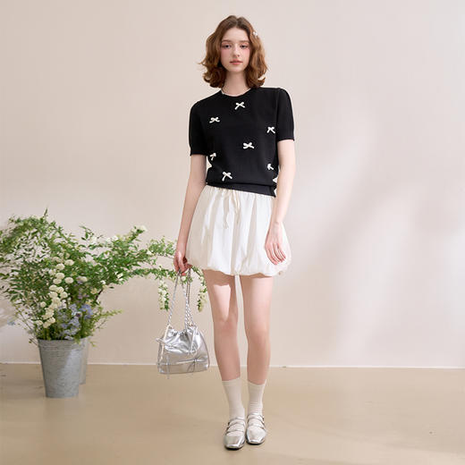 【限时秒杀】【立体蝴蝶结】软糯短袖针织衫女短款薄款圆领毛衣V0650269 商品图1