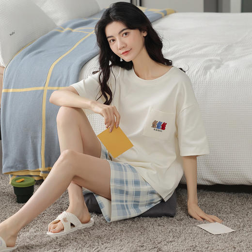 【可外出纯棉家居服】女士夏季全棉短袖睡衣套装  甜美可外穿家居服套装 商品图2