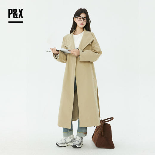 P&X设计师女装通勤简约休闲长翻风衣宽松外套 825119084 卡其 商品图2
