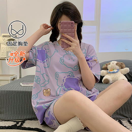 【免穿bra！居家&待客都方便】睡衣女夏季带胸垫一体式可爱两件套装休闲卡通简约家居服短袖短裤。ry 商品图10