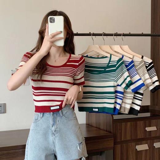 【条纹U领短款针织衫】夏季薄款 百搭修身显瘦短袖套头上衣女小衫潮  商品图0