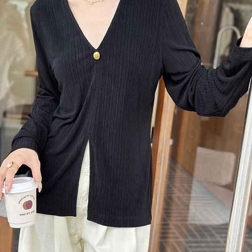 顺丰包邮洛诗琳21542春夏新款醋酸针织长袖套头V领百搭上衣10290 商品图1