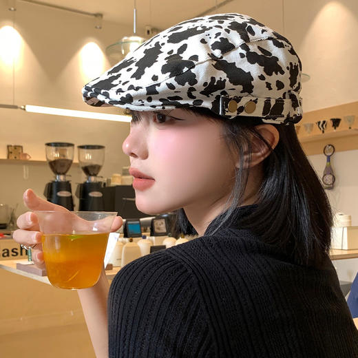 雀说 日系复古牛奶纹前进帽女大头围反戴贝雷帽显脸小百搭画家报童帽子5ZF-8819 商品图2