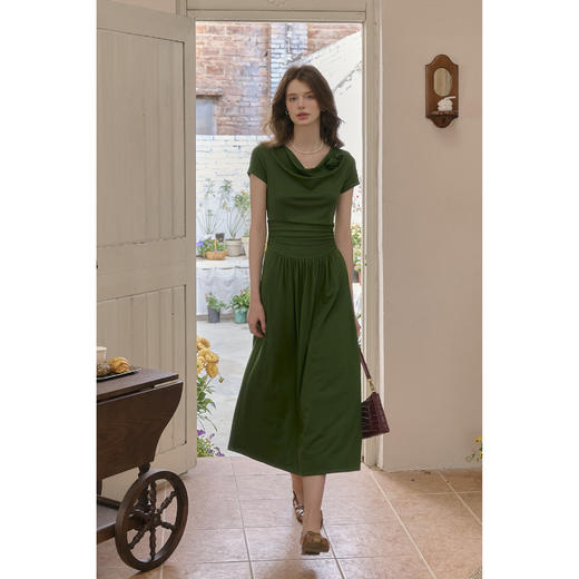 SimpleRetro轻悠春日 法式气质天丝针织连衣裙女修身荡领a字长裙 商品图1