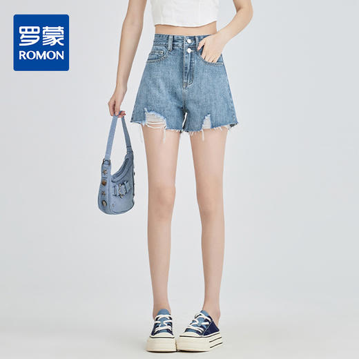 罗蒙女士夏季牛仔短裤时尚高腰双扣显瘦经典百搭牛仔裤子休闲舒适短裤 商品图0