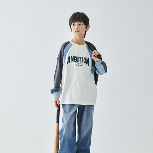 蓝汽水25年春季撞色插肩长袖T恤男童休闲上衣 商品图1