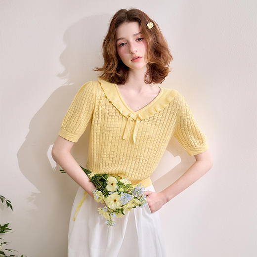 甜美拼接荷叶边v领毛衣女短款针织衫V0650268 商品图2