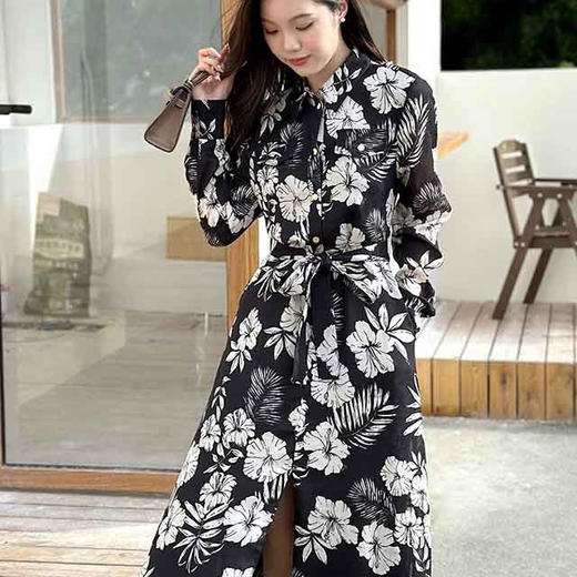 顺丰包邮洛诗琳20023春季新款皱缎提花绑带翻领连衣裙女1775 商品图1