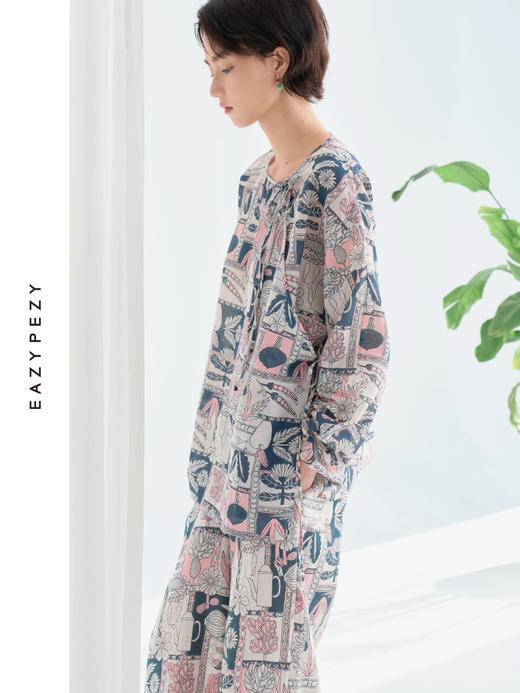 巴塞罗那的夏天丝棉印花圆领系带斜襟上衣 商品图1