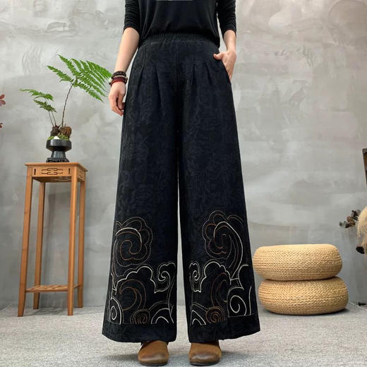 雀说新款文艺民族绣花提花重工刺绣复古裤子宽松阔腿裤长裤AL34044 商品图8