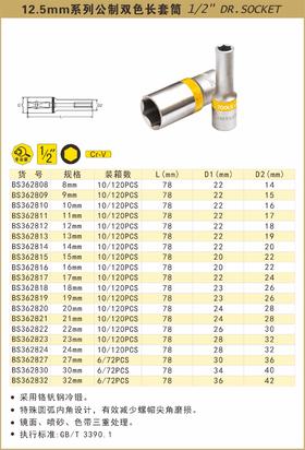 波斯 12.5mm系列公制双色长套筒16mm BS362816