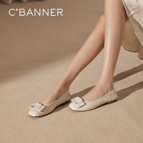 千百度真皮蝴蝶结扣式平底鞋女小香风晚晚浅口单鞋A25125056