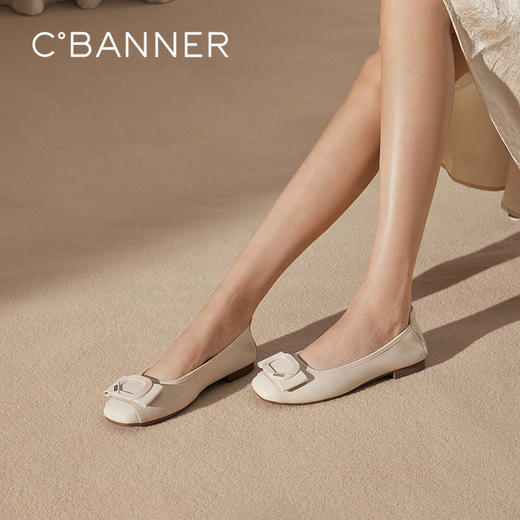 千百度真皮蝴蝶结扣式平底鞋女小香风晚晚浅口单鞋A25125056 商品图0