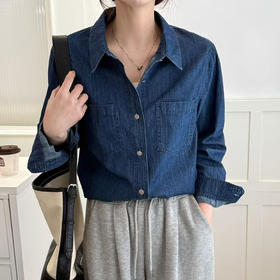 25春季新款韩版复古牛仔蓝衬衫纯棉ins通勤简约百搭长袖衬衣！