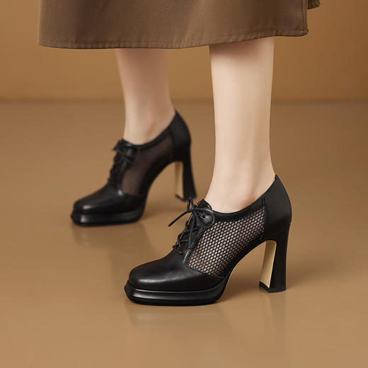 【预售5天】方头粗跟深口单鞋女真皮网纱镂空系带防水台高跟鞋女士皮鞋HY&H3582 商品图4